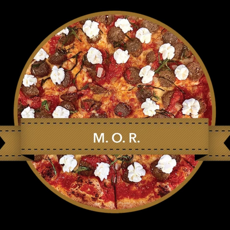 Mikey's Pizza with meatballs, ricotta cheese, and basil, labeled "M. O. R."