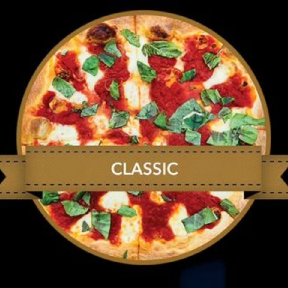 Mikey's Pizza classic Margherita pizza, topped with fresh basil, tomato sauce, and mozzarella cheese.