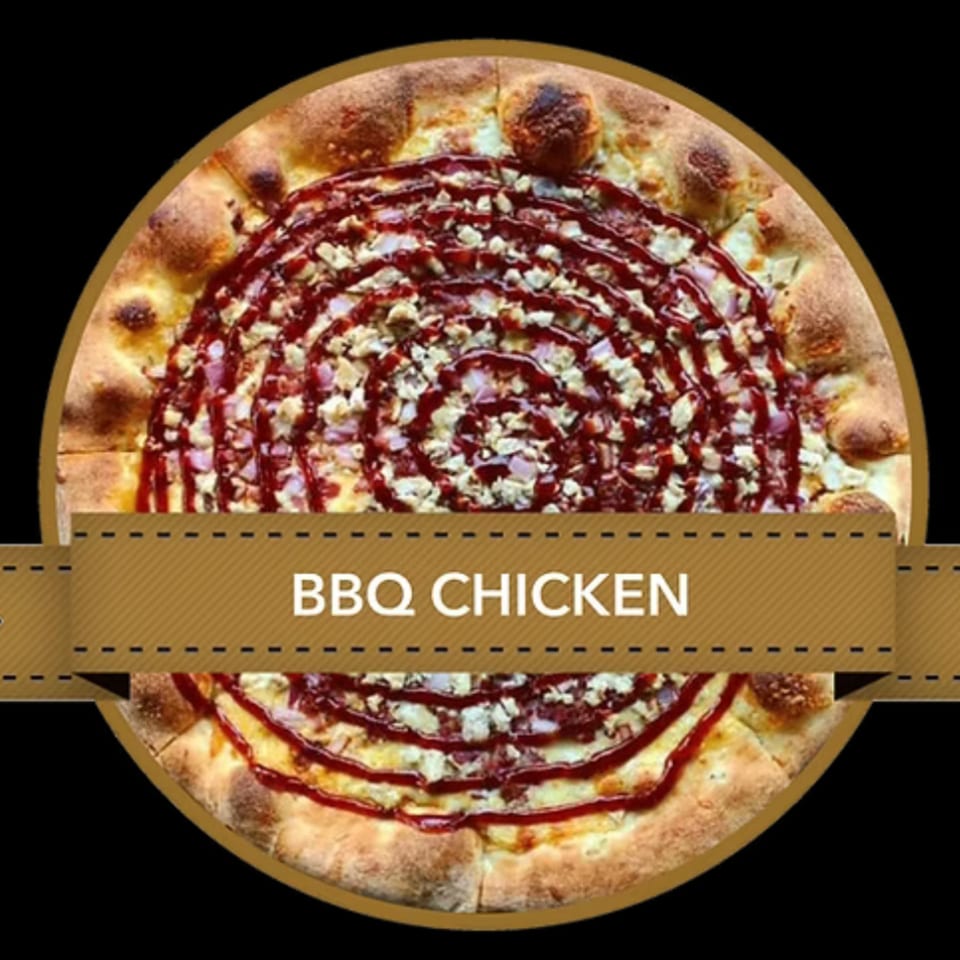 Mikey's Pizza BBQ Chicken pizza, topped with chicken pieces and a swirl of BBQ sauce.