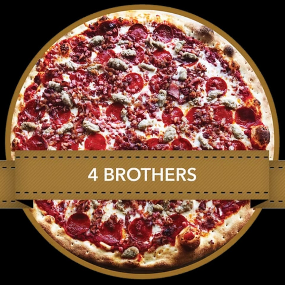 Mikey's Pizza "4 Brothers" pizza, loaded with pepperoni, sausage, and bacon, in a circular frame.